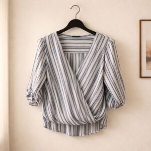 Elegant Navy Striped Wrap Blouse